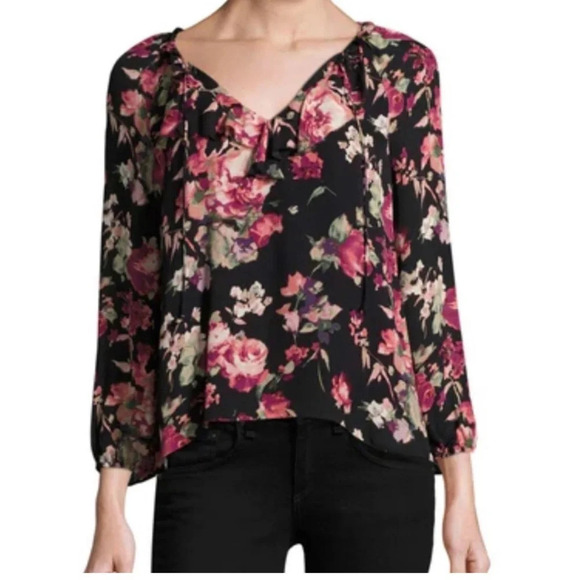 Joie 100% Silk Floral Print Blouse in Black Pink and Cream Sz S Ruffle Trim - Picture 1 of 6